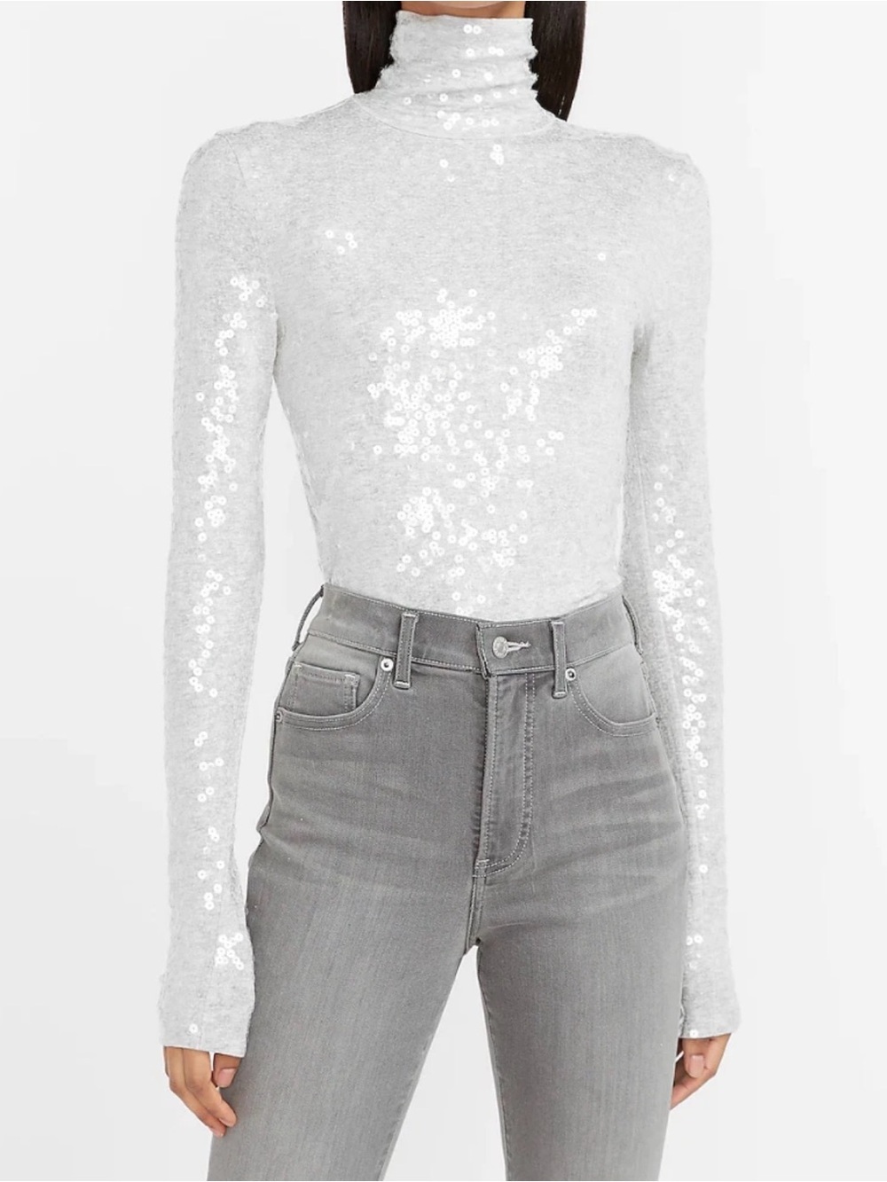 {Express} Silver/grey Sequin Turtleneck Long-Sleeve Top